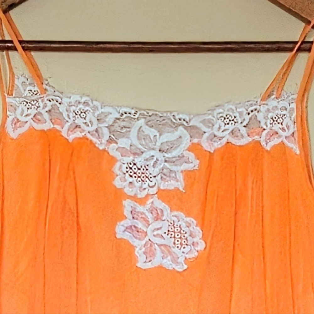 :S: Apricot Orange Vintage Negligee with Off White Lace and Spaghetti Straps.